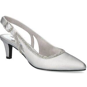 Easy Street Glisten Silver Satin Slingback Pumps Sz 6.5 W - Retail $81
